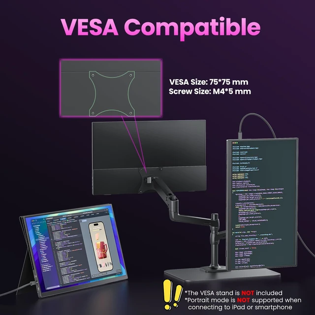 Alt view image 6 of 7 - Portable Monitor 18.5 inch FHD 130% sRGB 100Hz HDR HDMI USB-C Travel Monitor for Laptop MacBook PC Surface PS5 Xbox, Large External Display with Cover & Speakers, VESA Compatible