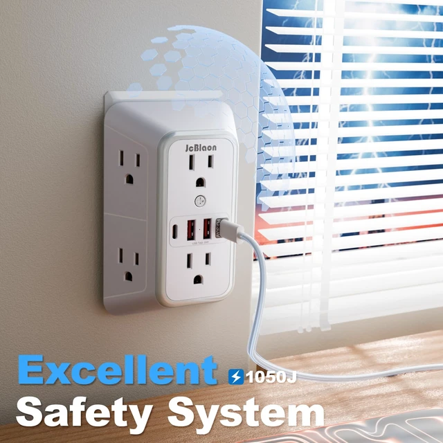 Alt view image 3 of 7 - Surge Protector Outlet Extender 6 Outlet Extender with 4 USB Ports (PD 30W), 3 Sided 1050J Multi Plug Wall Adapter Power Strip for Home Travel Office Essentials-ETL