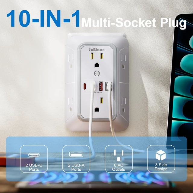 Alt view image 2 of 7 - Surge Protector Outlet Extender 6 Outlet Extender with 4 USB Ports (PD 30W), 3 Sided 1050J Multi Plug Wall Adapter Power Strip for Home Travel Office Essentials-ETL