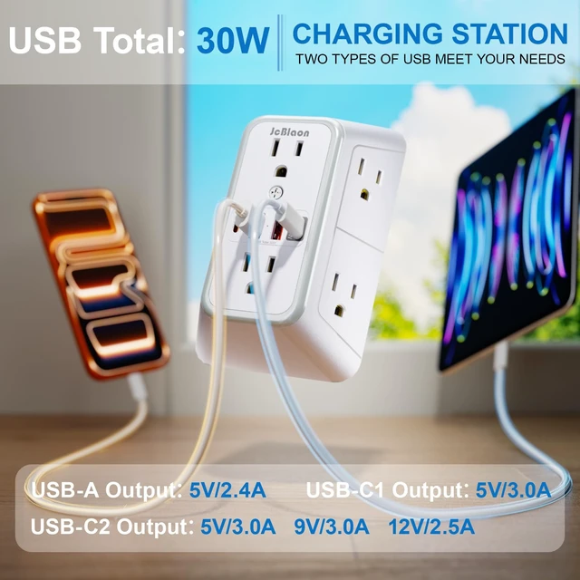 Alt view image 4 of 7 - Surge Protector Outlet Extender 6 Outlet Extender with 4 USB Ports (PD 30W), 3 Sided 1050J Multi Plug Wall Adapter Power Strip for Home Travel Office Essentials-ETL