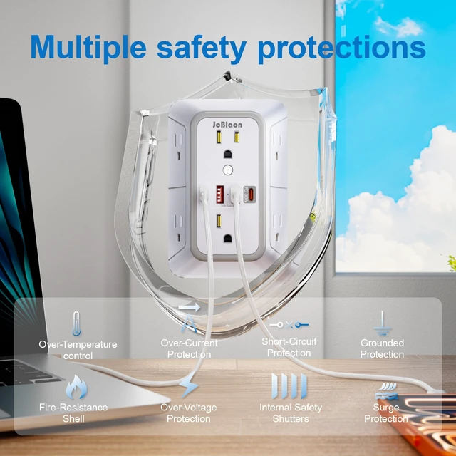 Alt view image 5 of 7 - Surge Protector Outlet Extender 6 Outlet Extender with 4 USB Ports (PD 30W), 3 Sided 1050J Multi Plug Wall Adapter Power Strip for Home Travel Office Essentials-ETL