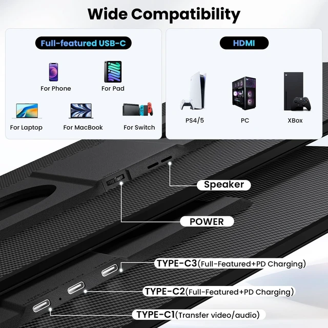 Alt view image 7 of 7 - 16.1" Portable Monitor for Laptop - 1200P FHD, Ultra-Thin Laptop Screen Extender Horizontal Vertical with 360° Rotating Detachable Stand, Plug & Play, Dual Travel Monitor for Laptop Wins Mac Chrome