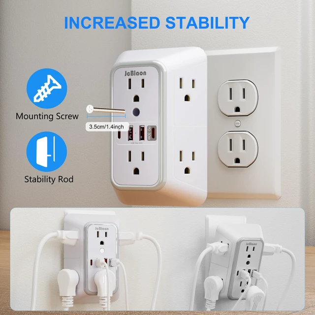 Alt view image 6 of 7 - Surge Protector Outlet Extender 6 Outlet Extender with 4 USB Ports (PD 30W), 3 Sided 1050J Multi Plug Wall Adapter Power Strip for Home Travel Office Essentials-ETL