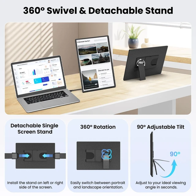 Alt view image 4 of 7 - 16.1" Portable Monitor for Laptop - 1200P FHD, Ultra-Thin Laptop Screen Extender Horizontal Vertical with 360° Rotating Detachable Stand, Plug & Play, Dual Travel Monitor for Laptop Wins Mac Chrome