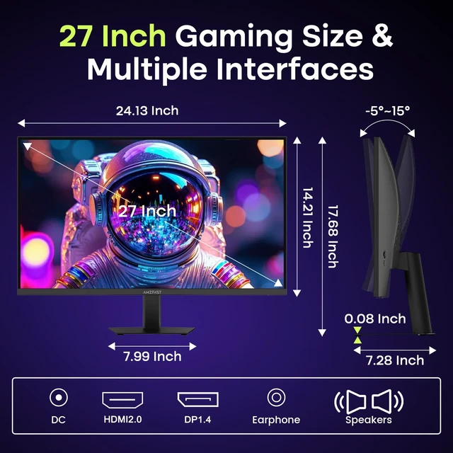 Alt view image 7 of 7 - 27 Inch Gaming Monitor, 240Hz 1ms FHD 1080P, Adaptive Sync, HDR400 4000:1, 125% sRGB, Built-in Speakers, HDMI/DP, VESA, Retractable Headphone Holder, AMZG27F5 Pro for Competitive FPS