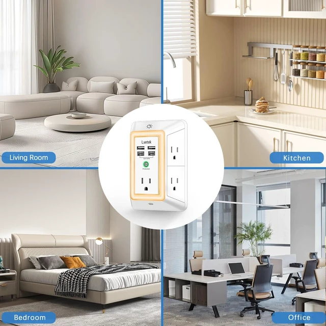 Alt view image 5 of 6 - Multi Plug Outlet Surge Protector - 3-Sided Power Strip with 5 Outlet Extender and 4 USB Ports(2 USB-C) and Night Light, USB Wall Charger for Home, Office, Travel, ETL Listed, White