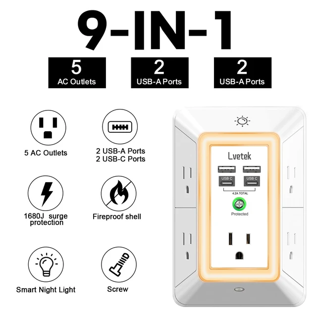 Alt view image 2 of 6 - Multi Plug Outlet Surge Protector - 3-Sided Power Strip with 5 Outlet Extender and 4 USB Ports(2 USB-C) and Night Light, USB Wall Charger for Home, Office, Travel, ETL Listed, White