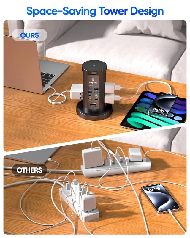 Alt view image 4 of 6 - Power Strip Tower, PD 65W Charging Station 9 AC Outlets 8 USB 6 Ft Retractable Extension Cord, 15W Wireless Charger, Black