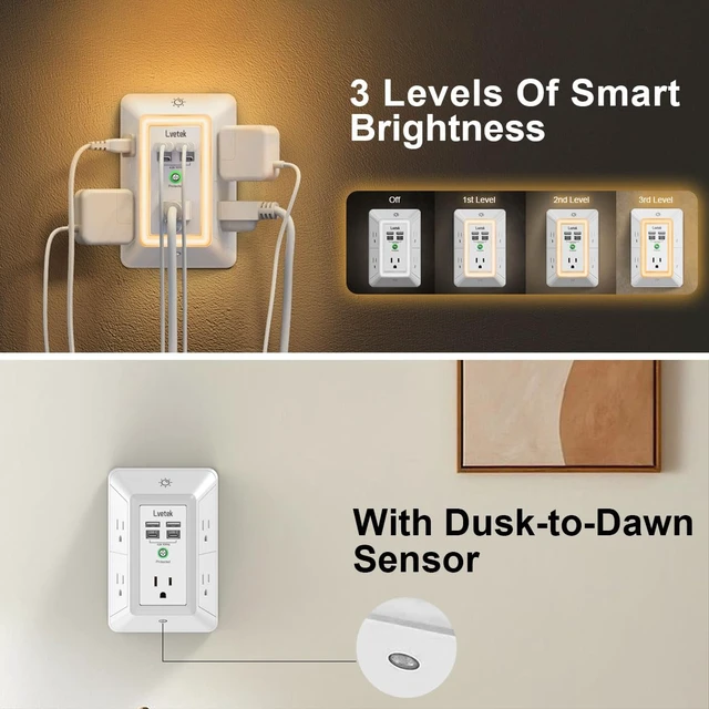 Alt view image 4 of 6 - Multi Plug Outlet Surge Protector - 3-Sided Power Strip with 5 Outlet Extender and 4 USB Ports(2 USB-C) and Night Light, USB Wall Charger for Home, Office, Travel, ETL Listed, White