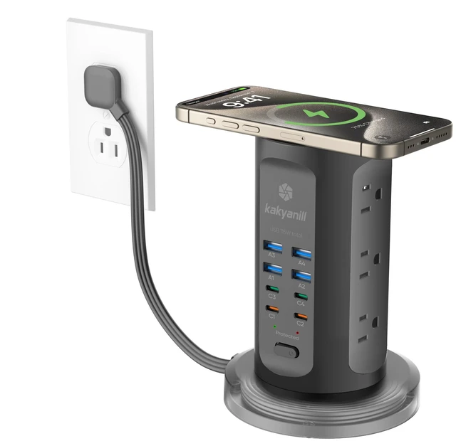 Main image of Power Strip Tower, PD 65W Charging Station 9 AC Outlets 8 USB 6 Ft Retractable Extension Cord, 15W Wireless Charger, Black