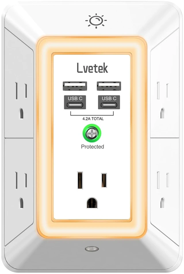 Main image of Multi Plug Outlet Surge Protector - 3-Sided Power Strip with 5 Outlet Extender and 4 USB Ports(2 USB-C) and Night Light, USB Wall Charger for Home, Office, Travel, ETL Listed, White