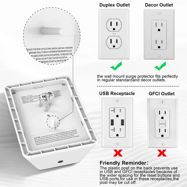 Alt view image 3 of 6 - Multi Plug Outlet Surge Protector - 3-Sided Power Strip with 5 Outlet Extender and 4 USB Ports(2 USB-C) and Night Light, USB Wall Charger for Home, Office, Travel, ETL Listed, White