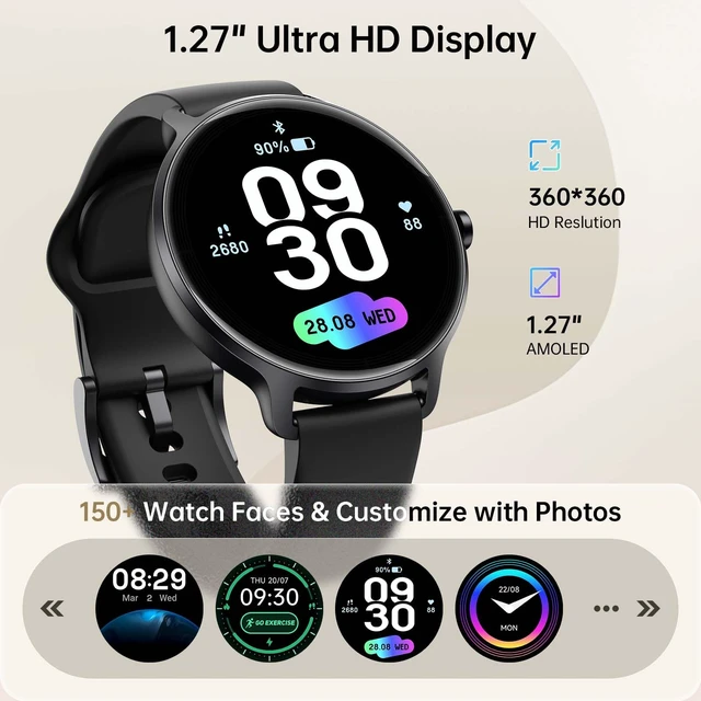 Alt view image 6 of 7 - Smart Watch for Women Men, 1.27" HD AMOLED Stylish Smartwatch (Answer/Call) for iPhone/Android/Samsung, Fitness Tracker with 120+ Sport Modes, Heart Rate/Sleep/Health Monitor, IP68 Waterproof, 2 Bands