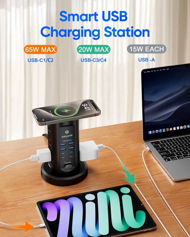 Alt view image 5 of 6 - Power Strip Tower, PD 65W Charging Station 9 AC Outlets 8 USB 6 Ft Retractable Extension Cord, 15W Wireless Charger, Black