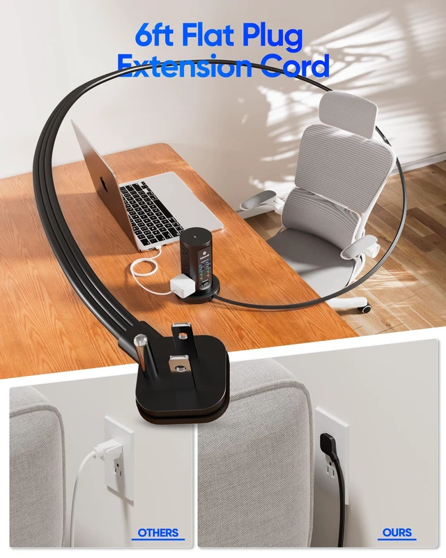 Alt view image 6 of 6 - Power Strip Tower, PD 65W Charging Station 9 AC Outlets 8 USB 6 Ft Retractable Extension Cord, 15W Wireless Charger, Black