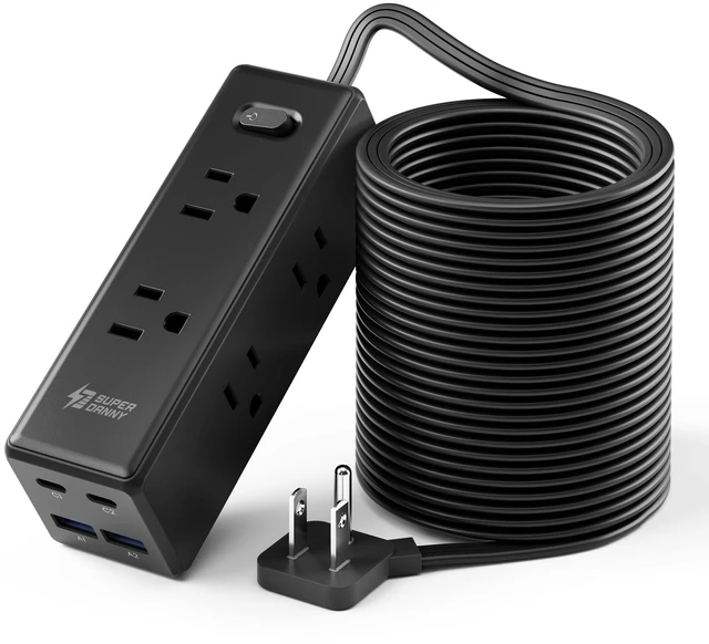 Main image of 25Ft Extension Cord with Multiple Outlets, Flat Plug Power Strip Long Extension Cord with 6 Outlets, 4 USB Ports(2 USB C), Surge Protector for Home, Office Supplies, Dorm Essentials, Black