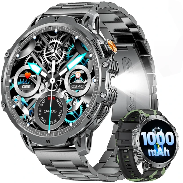 Main image of Military Smart Watches for Men(2 Bands), 1000mAh/1.85" HD Large Screen Flashlight/110+ Sports Modes/IP68 Waterproof/Sleep Monitor Smartwatch, Fitness Tracker Watch for Android iOS,Green Camo