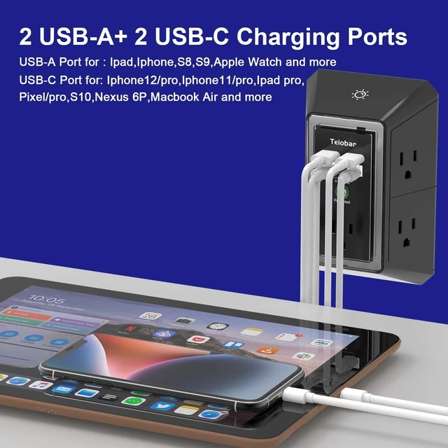 Alt view image 3 of 7 - Multi Plug Wall Outlet Surge Protector with 5 Outlet & 4 USB Ports(2USB-C) 3-Sided Outlet Extender with Night Light, Outlet Splitter for Home Office Dorm Room Essentials, ETL Listed, Black