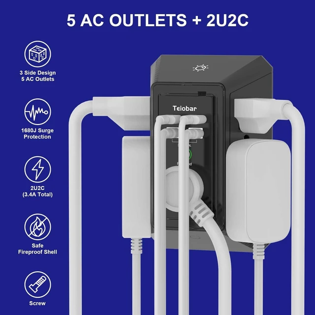 Alt view image 2 of 7 - Multi Plug Wall Outlet Surge Protector with 5 Outlet & 4 USB Ports(2USB-C) 3-Sided Outlet Extender with Night Light, Outlet Splitter for Home Office Dorm Room Essentials, ETL Listed, Black