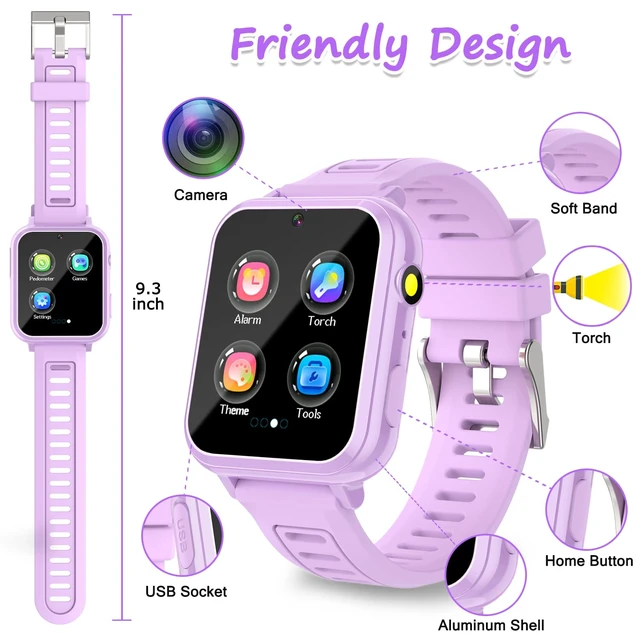 Alt view image 4 of 7 - Kids Smart Watch Girls Gifts for Age 5-12 39 Puzzle Games HD Touch Screen Watches with Video Camera Music Player Pedometer Flashlight 12/24 hr Birthday Gift 6 7 8 Year Old Girls