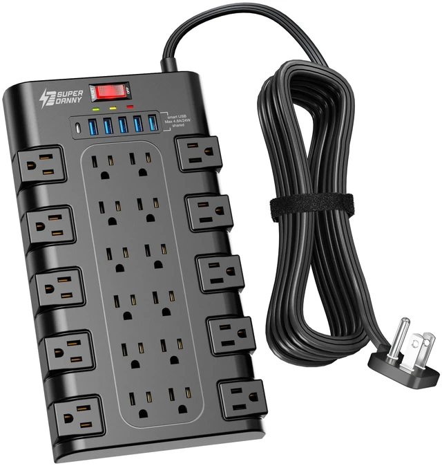 Main image of Flat Plug Power Strip Surge Protector, 10Ft, 22 AC 6 USB, 2100J 5A1C, 1875W/15A, Heavy Duty Extension Cord with Multiple Outlets, Outlet Extender for Home, Office, Dorm, Gaming Room, Black