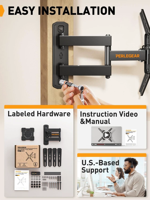 Alt view image 7 of 7 - Full Motion TV Wall Mount for 2650 inch TVs up to 55 lbs Rotation, Extension, swivel, tilt, level, heavy-duty steel, single-stud design, perfect for corners, max VESA 300x300mm