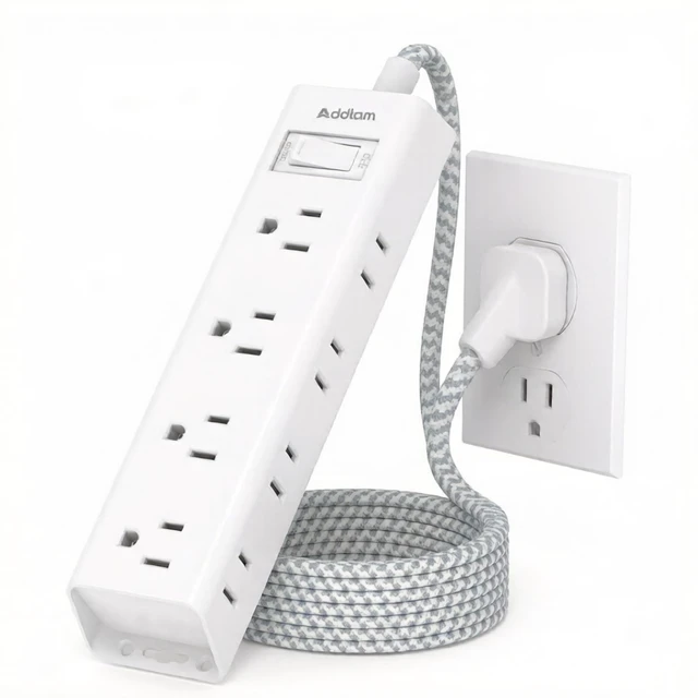 Main image of White Braided Power Strip Surge Protector with 12 Outlets Flat Plug 5FT Extension Cord, 3-Side Wide Spaced Outlet Extender, 1050J Wall Mount Desk Charging Station for Home Office Dorm