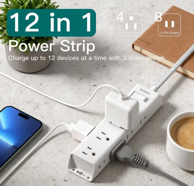 Alt view image 3 of 5 - White Braided Power Strip Surge Protector with 12 Outlets Flat Plug 5FT Extension Cord, 3-Side Wide Spaced Outlet Extender, 1050J Wall Mount Desk Charging Station for Home Office Dorm