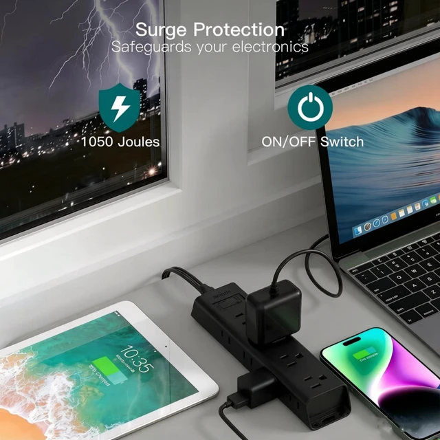 Alt view image 4 of 7 - Power Strip Surge Protector with 12 Outlets, Flat Plug Extension Cord 10FT Ultra Thin Wall Plug, 3-Side Wide Spaced Outlet Extender, 1050J, Wall Mount Desk Charging Station for Home Office Garage
