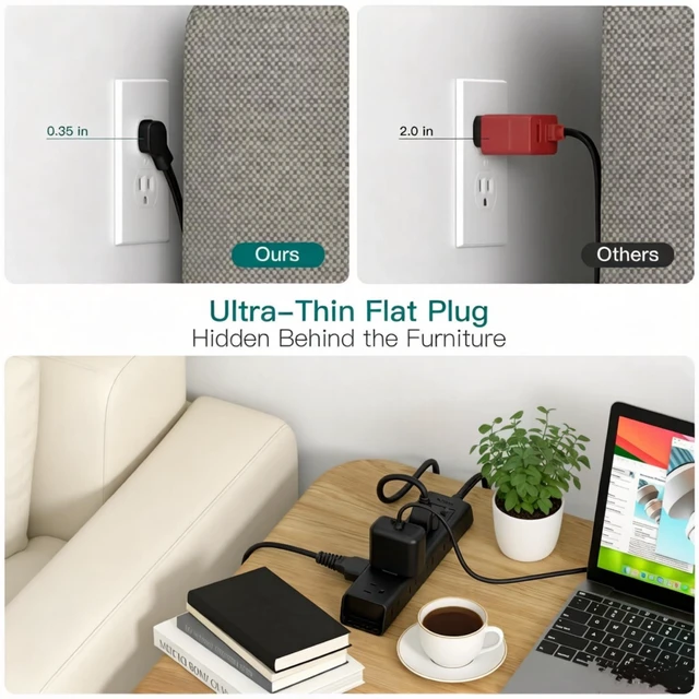 Alt view image 3 of 7 - Power Strip Surge Protector with 12 Outlets, Flat Plug Extension Cord 10FT Ultra Thin Wall Plug, 3-Side Wide Spaced Outlet Extender, 1050J, Wall Mount Desk Charging Station for Home Office Garage