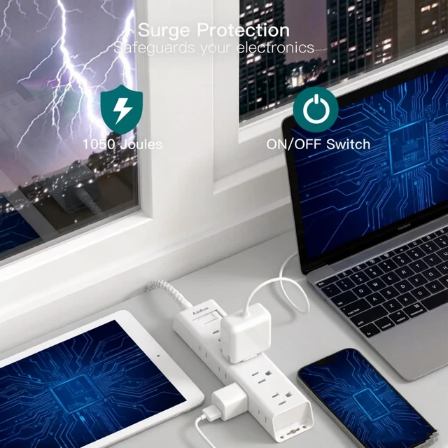 Alt view image 4 of 5 - White Braided Power Strip Surge Protector with 12 Outlets Flat Plug 5FT Extension Cord, 3-Side Wide Spaced Outlet Extender, 1050J Wall Mount Desk Charging Station for Home Office Dorm