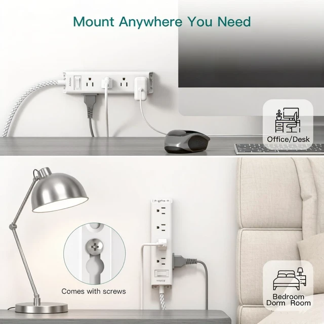 Alt view image 5 of 5 - White Braided Power Strip Surge Protector with 12 Outlets Flat Plug 5FT Extension Cord, 3-Side Wide Spaced Outlet Extender, 1050J Wall Mount Desk Charging Station for Home Office Dorm