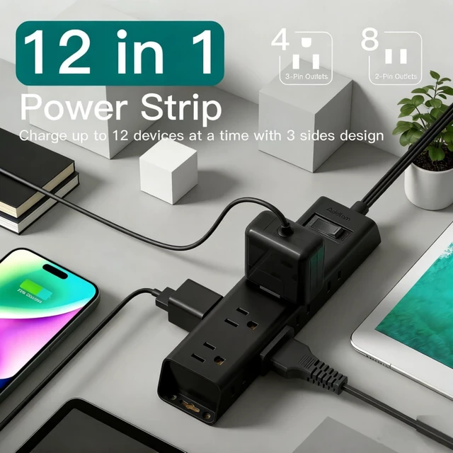 Alt view image 2 of 7 - Power Strip Surge Protector with 12 Outlets, Flat Plug Extension Cord 10FT Ultra Thin Wall Plug, 3-Side Wide Spaced Outlet Extender, 1050J, Wall Mount Desk Charging Station for Home Office Garage