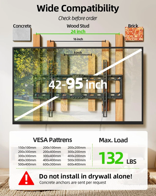 Alt view image 2 of 7 - TV Wall Mount,Low Profile TV Mount for Most 42-95 Inch Flat Screen Televisions,Max VESA 600x400mm Fixed Wall Mount Bracket Holds up to 132 lbs,Fits 16"/18"/24" Studs