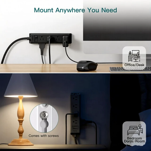 Alt view image 5 of 7 - Power Strip Surge Protector with 12 Outlets, Flat Plug Extension Cord 10FT Ultra Thin Wall Plug, 3-Side Wide Spaced Outlet Extender, 1050J, Wall Mount Desk Charging Station for Home Office Garage