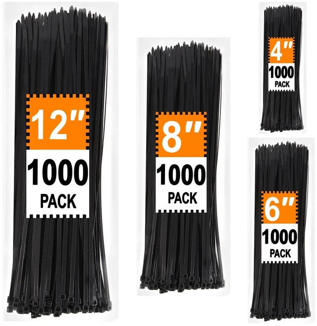 Main image of Zip Ties Assorted Sizes 4+6+8+12 inch, 4000 Pack, Black Cable Ties, UV Resistant Wire Ties for Outdoor Use