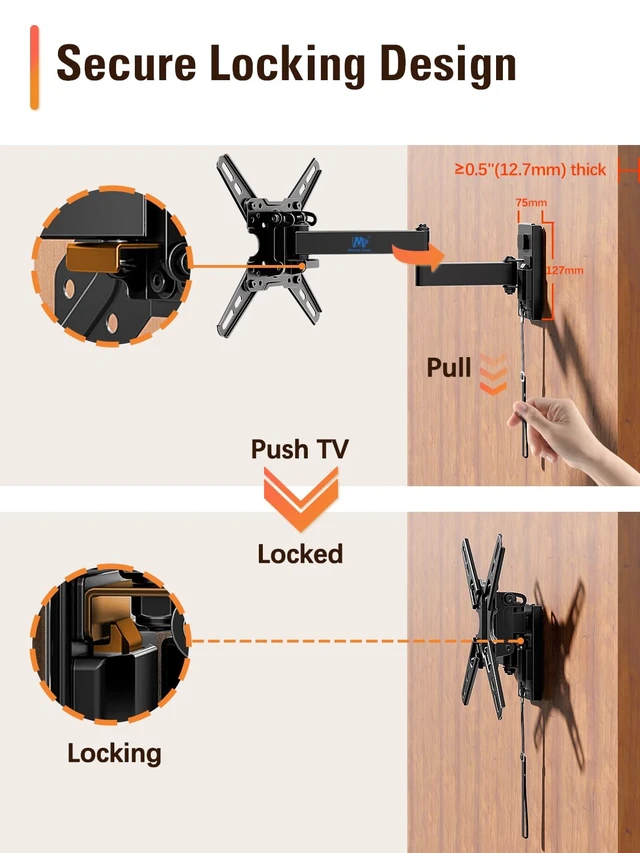 Alt view image 4 of 7 - UL Listed Lockable RV TV Mount for 13-43 TV up to 22lbs for Camper Trailer Motor Home, Full Motion TV Wall Mount Quick Release with Dual Wall Plates, VESA 200mm, MD2212