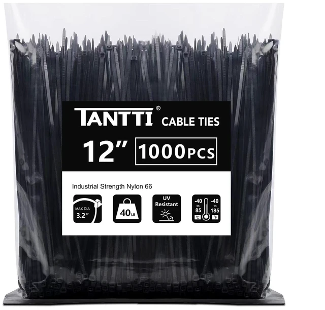 Main image of Zip Ties 12 inch, Black Zip Ties 1000 pack, 40lb, Cable Ties, Self-locking Wire ties for indoor and outdoor use, by