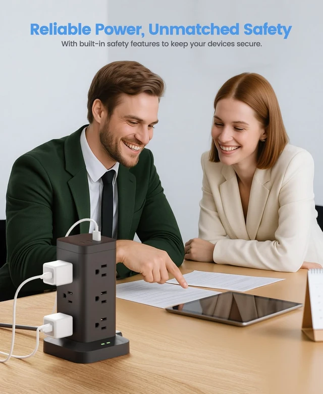 Alt view image 6 of 7 - Power Strip Tower with Surge Protector 1800J, Fast Charging Tower PD20W USB-C Ports with 12 AC Outlets, Extension Cord for Home Office Dorm Room, 10ft, Black