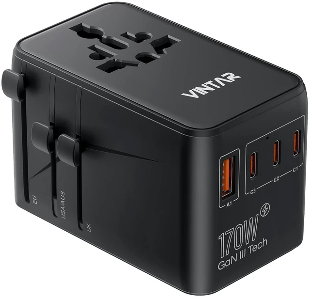 Main image of Universal Travel Adapter 170W GaN, Fast Charger for EU UK US AU 2 AC & 4 USB Ports (3 USB-C), 140W PD Compatible with Laptops/Tablets/Phones, International Power Adapter for 200+ Countries