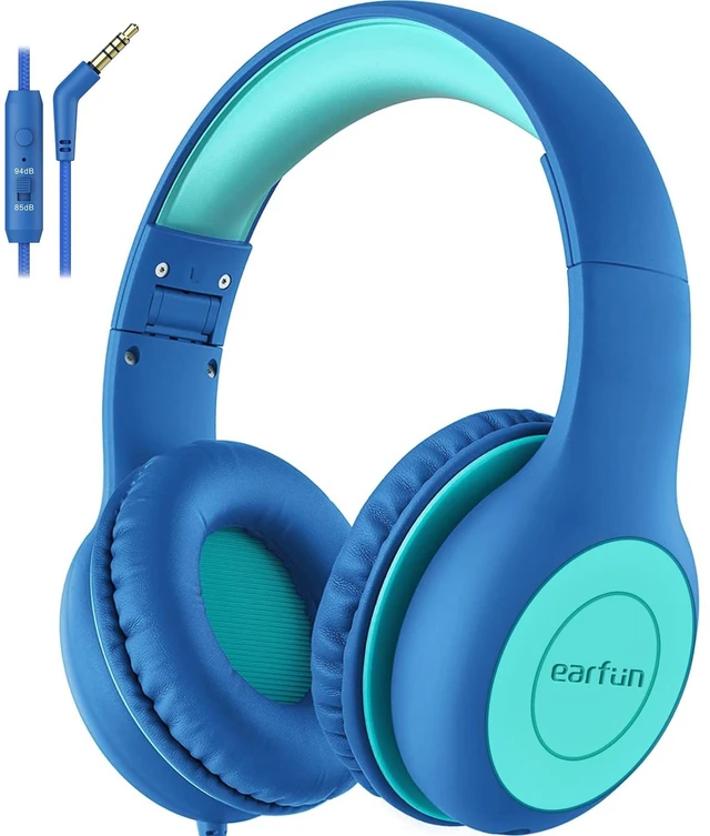 Main image of K1 Kids Headphones Wired with Mic, Volume Limit Headphones for Kids Portable Wired Headphone with Shareport, Stereo Sound, Foldable Headset for School/Toddler/Tablet/iPad/Kindle, Blue Green