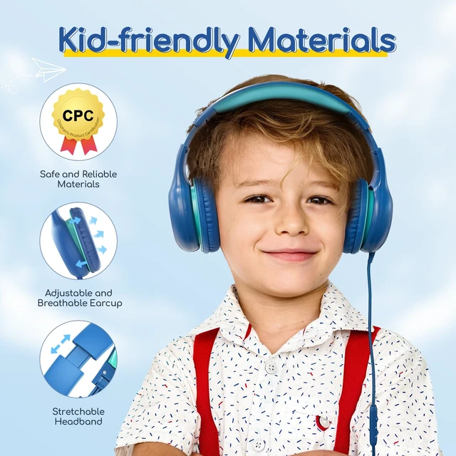 Alt view image 4 of 7 - K1 Kids Headphones Wired with Mic, Volume Limit Headphones for Kids Portable Wired Headphone with Shareport, Stereo Sound, Foldable Headset for School/Toddler/Tablet/iPad/Kindle, Blue Green