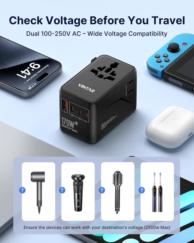Alt view image 7 of 7 - Universal Travel Adapter 170W GaN, Fast Charger for EU UK US AU 2 AC & 4 USB Ports (3 USB-C), 140W PD Compatible with Laptops/Tablets/Phones, International Power Adapter for 200+ Countries