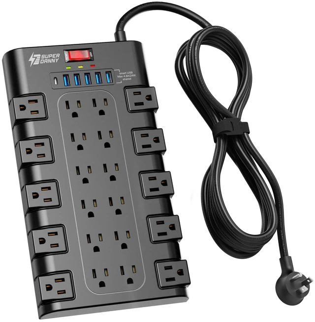 Main image of Power Strip Surge Protector, 22 AC 6 USB, 2100J, 10Ft, 1875W/15A 5A1C, Heavy Duty Extension Cord with Multiple Outlets, Flat Plug Outlet Extender for Home, Office, Dorm, Gaming Room, Black