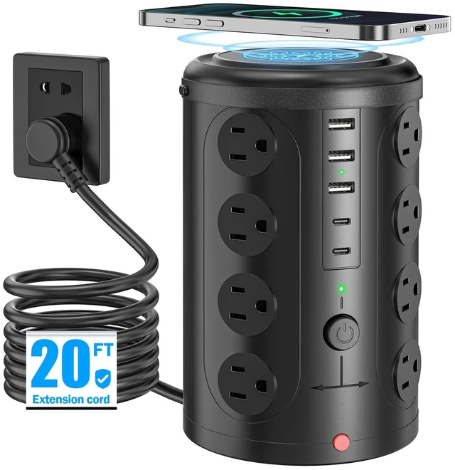 Main image of 20FT Power Strip Tower Surge Protector with 15W Wireless Charger 16 WideSpaced Outlets & 5 USB (2 USB C) Port, 45°Flat Plug, Desk Charging Station for Home Office and Dorm Room, Black