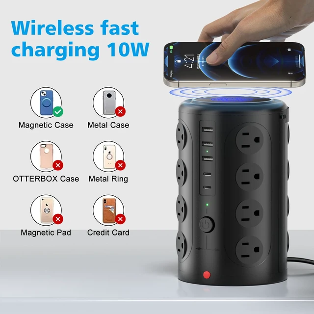 Alt view image 2 of 6 - 20FT Power Strip Tower Surge Protector with 15W Wireless Charger 16 WideSpaced Outlets & 5 USB (2 USB C) Port, 45°Flat Plug, Desk Charging Station for Home Office and Dorm Room, Black
