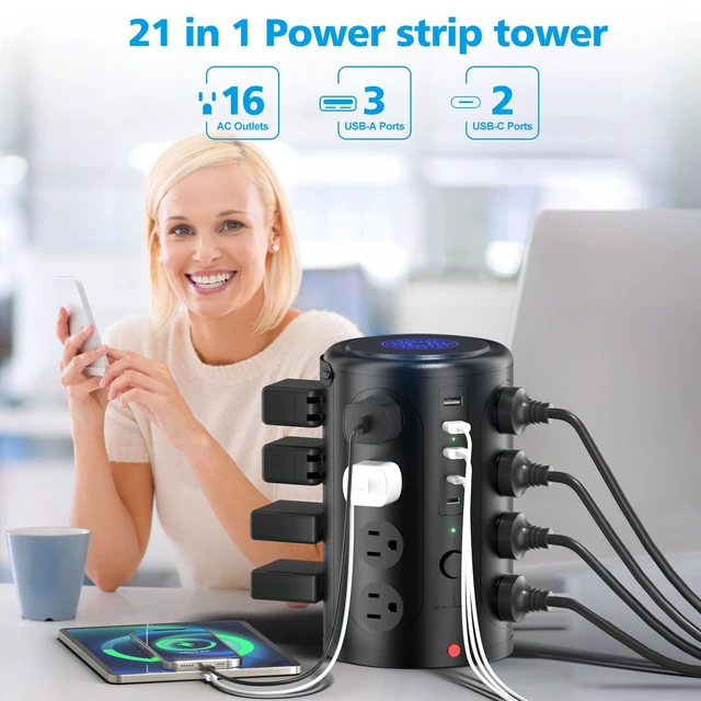 Alt view image 3 of 6 - 20FT Power Strip Tower Surge Protector with 15W Wireless Charger 16 WideSpaced Outlets & 5 USB (2 USB C) Port, 45°Flat Plug, Desk Charging Station for Home Office and Dorm Room, Black