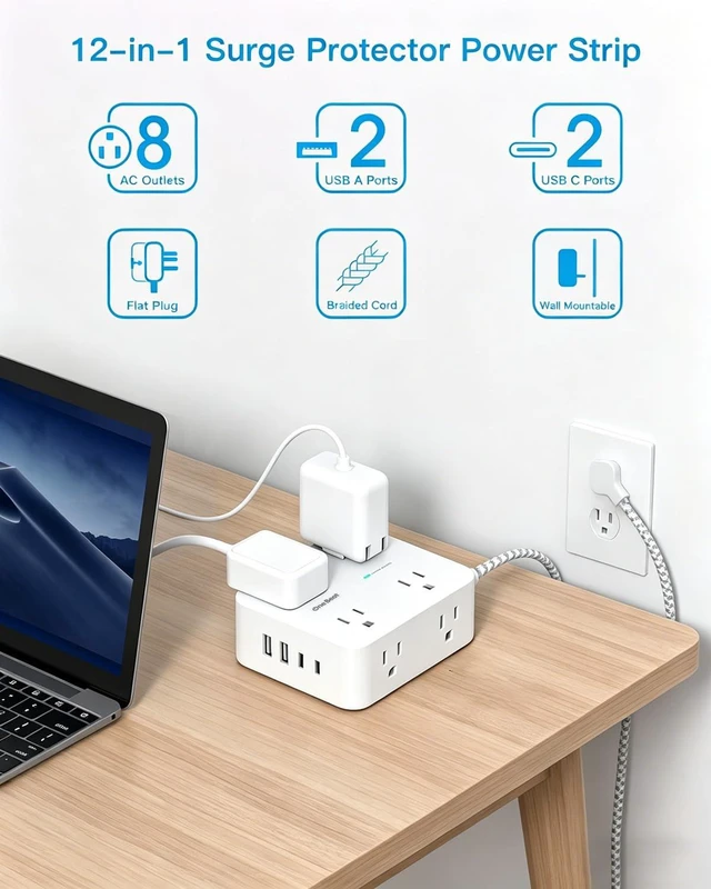 Alt view image 2 of 7 - Extension Cord 20 Ft, Surge Protector Power Strip 20 Ft Long Cord 8 AC Outlets with 4 USB Ports(2 USB C), 20Ft White Flat Plug Power Strip for Home Office College Dorm Room, Desk Essentials
