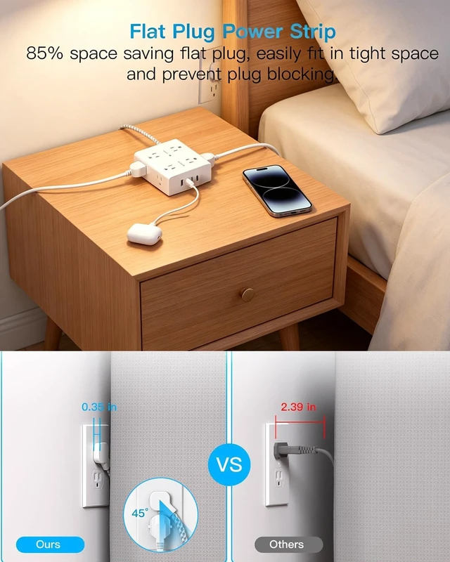 Alt view image 5 of 7 - Extension Cord 10 Ft, Surge Protector Power Strip 10 Ft Long Cord 8 Outlets 4 USB Ports(2 USB C) Flat Plug Power Strip, 10Ft Braided Long Power Strip, Home Office College Dorm Room Essentials