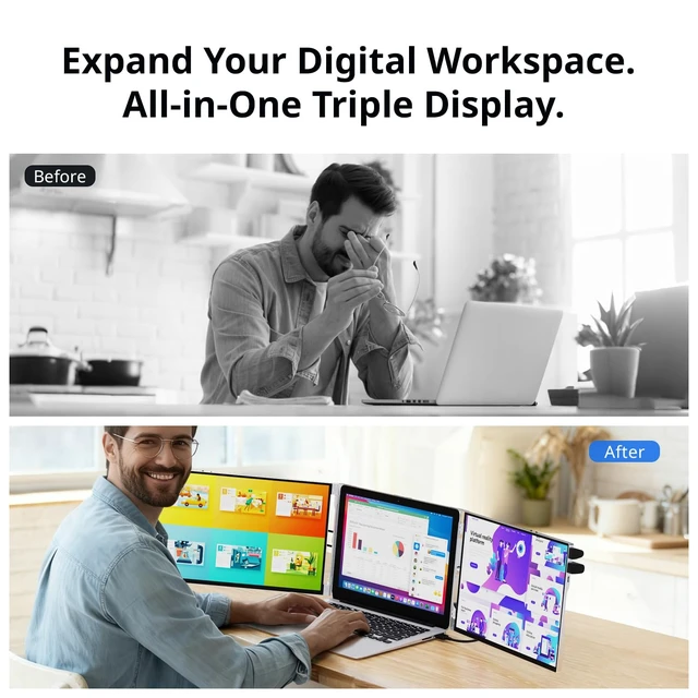 Alt view image 4 of 7 - Laptop Screen Extender, 14" FHD 1200P Portable Triple Monitor for 13"-17" Laptops, Aluminum Alloy Stand, Compatible with MacOS/Windows/Chrome